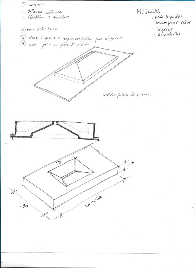 Dibujo artesanal escaneado con anotaciones del desarrollo de una pieza de Silente Estudio